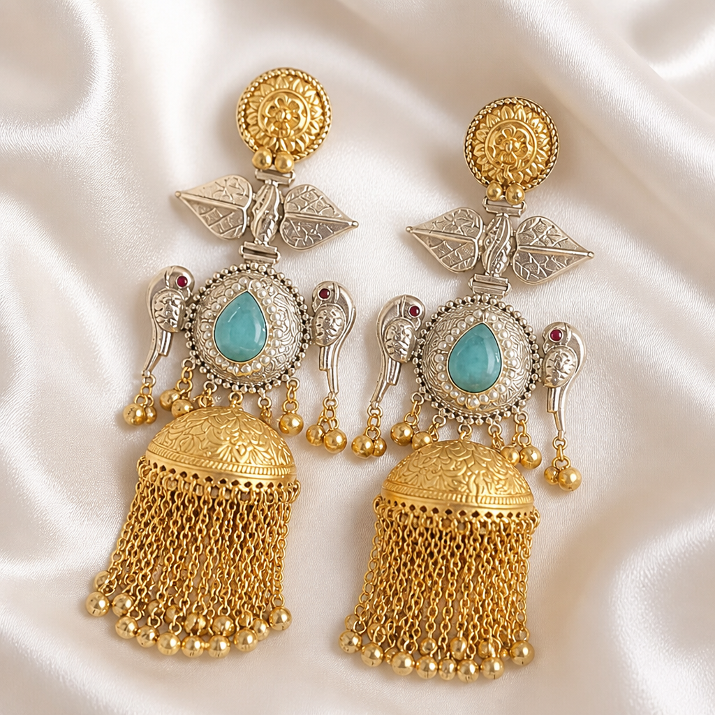 Aabha Aqua Heritage Tassel Jhumka Earrings