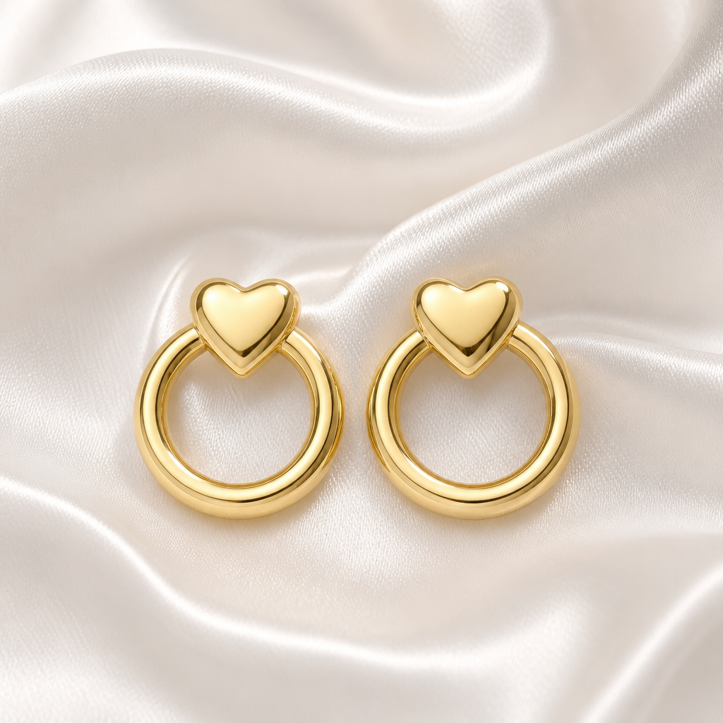 Golden Heart Ring Statement Earrings