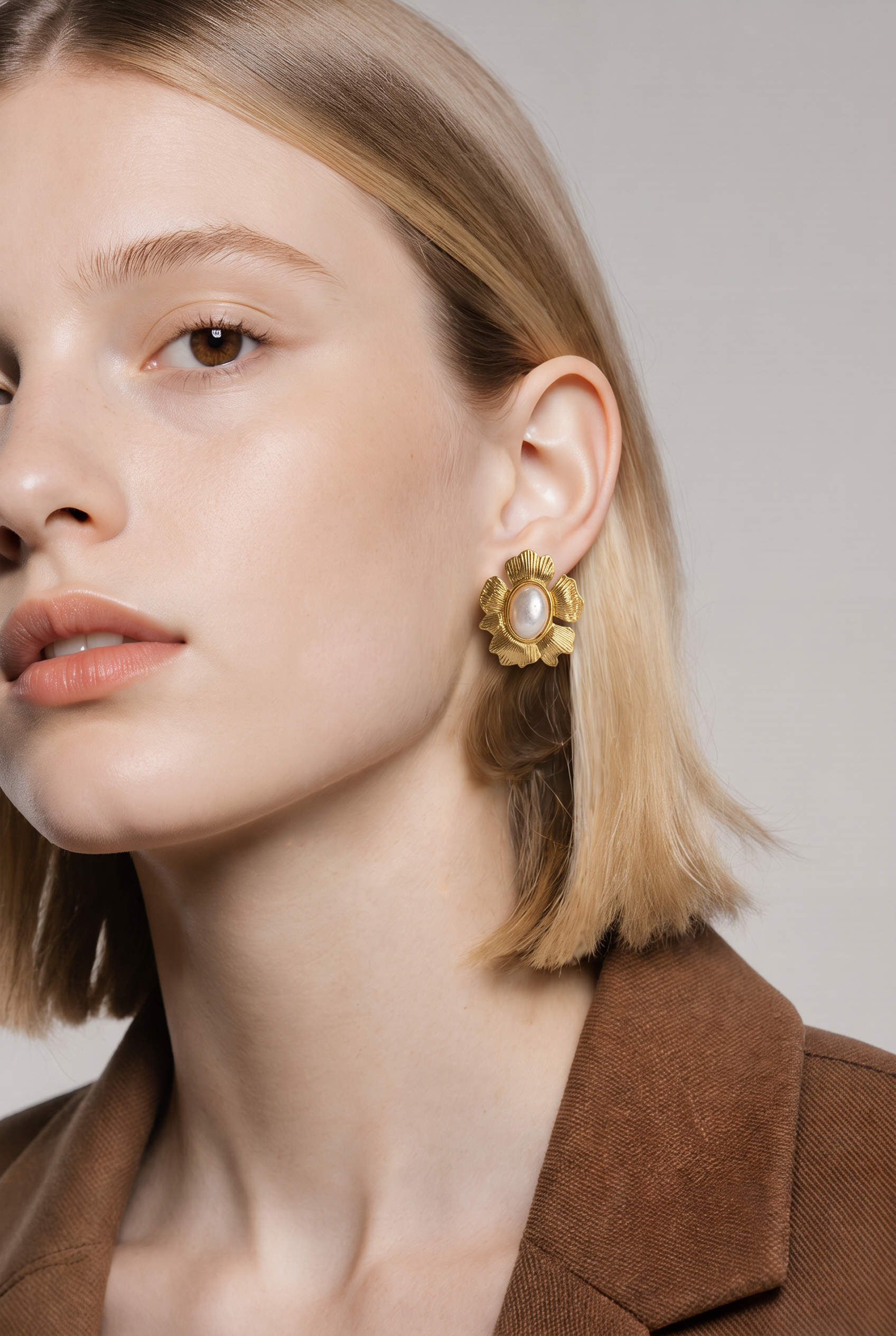 Golden Petal Pearl Statement Earrings