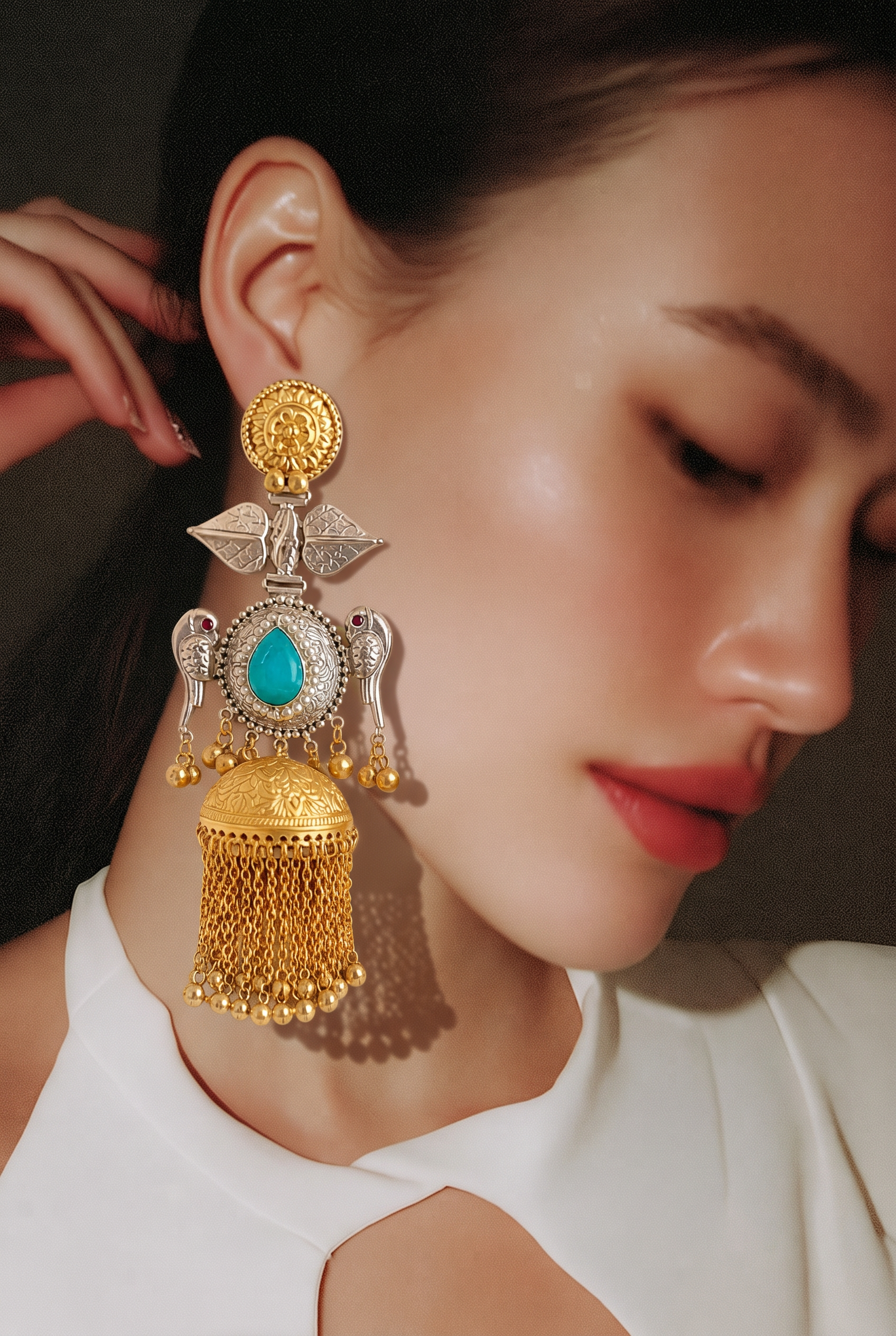 Aabha Aqua Heritage Tassel Jhumka Earrings