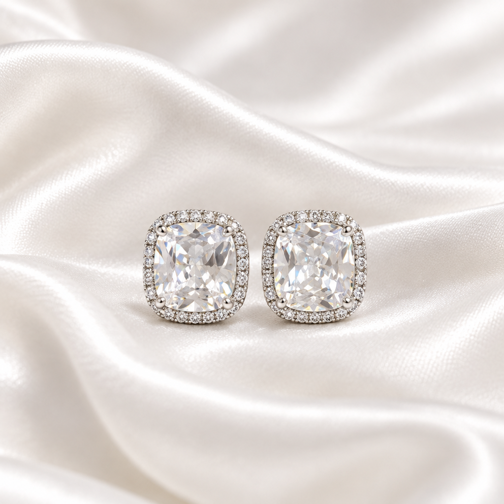 Cushion-Cut Crystal Halo Stud Earrings