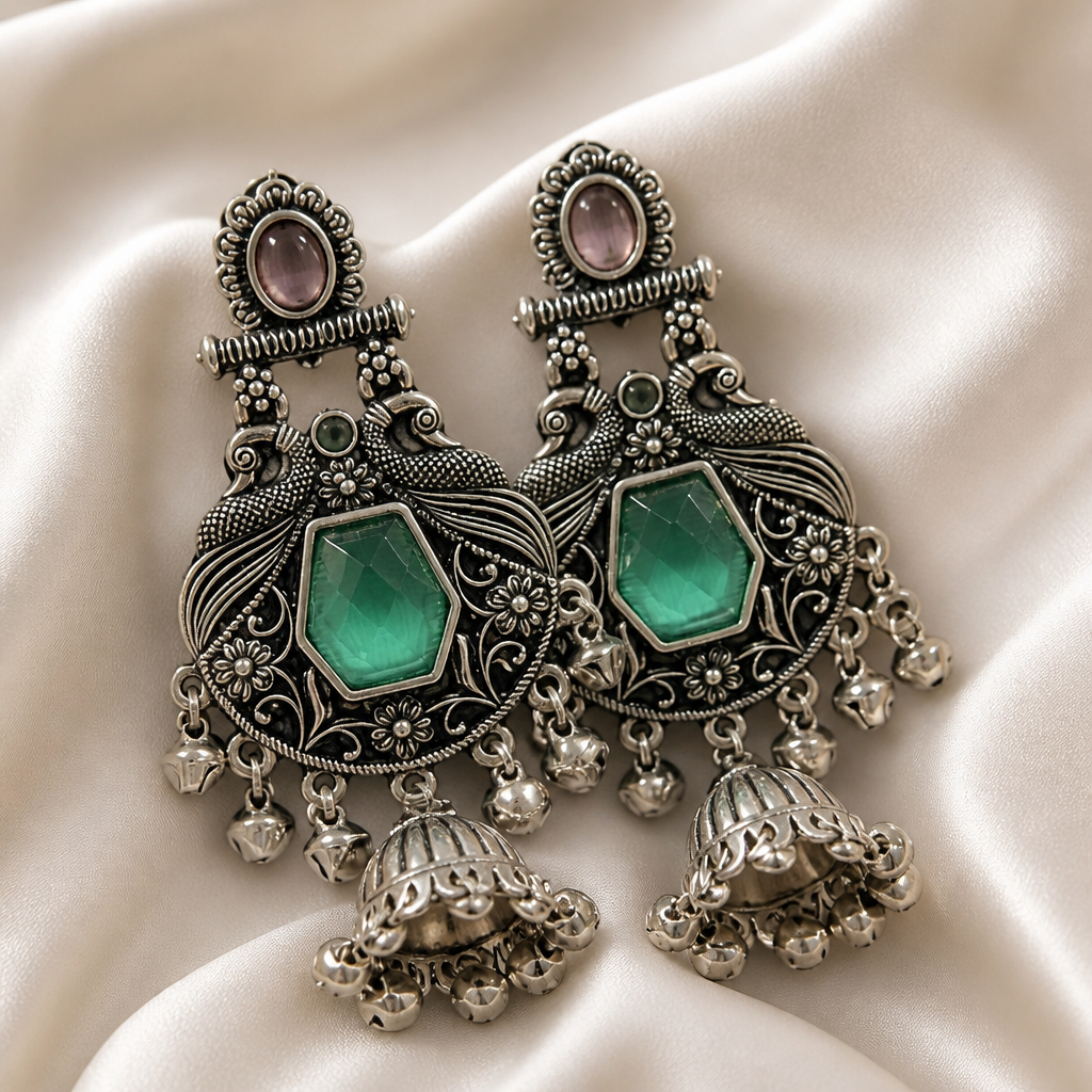 Meher Emerald Peacock Jhumka Earrings