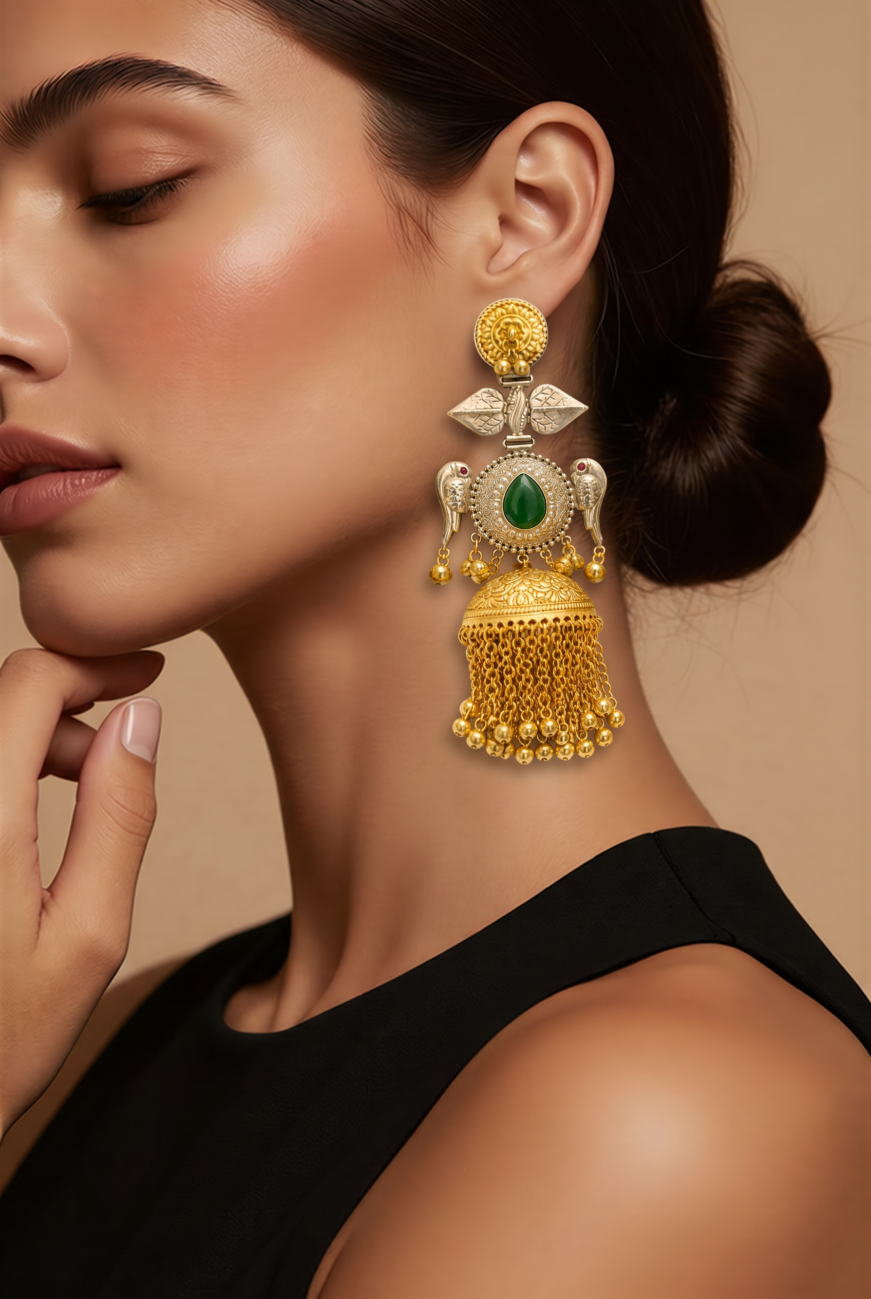 Zariya Emerald Peacock Tassel Jhumka Earrings