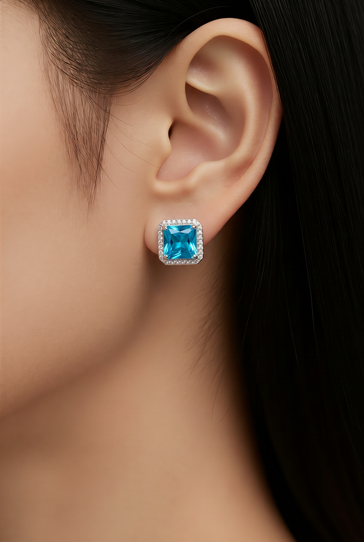 Aqua Blue Halo Stud Earrings