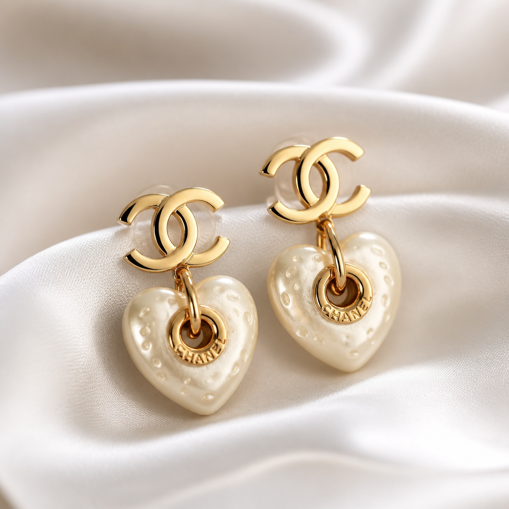 Pearl Heart Charm Drop Earrings