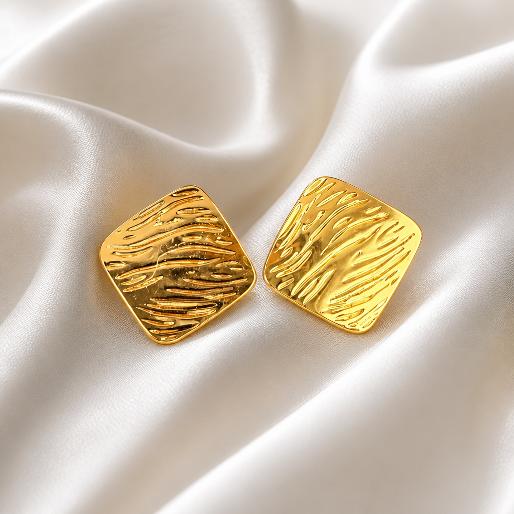 Golden Textured Square Statement Earrings