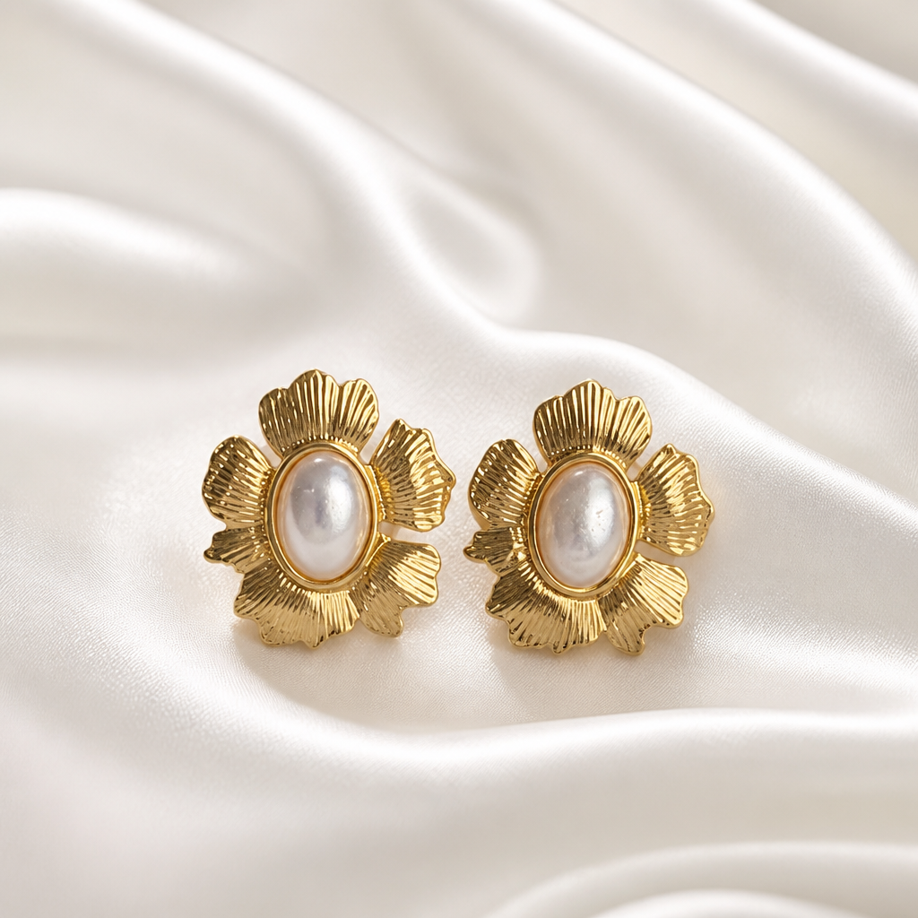 Golden Petal Pearl Statement Earrings