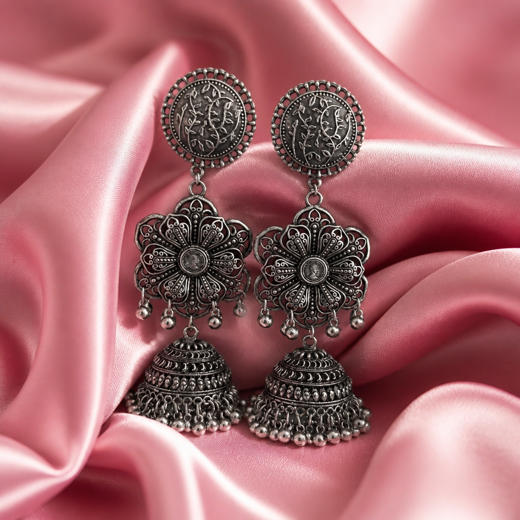Noor Antique Silver Jhumka Earrings
