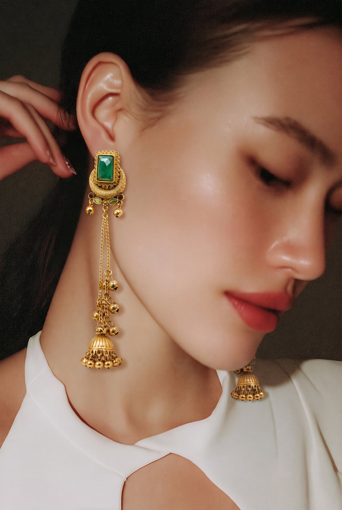 Emerald Rani Long Jhumka Earrings