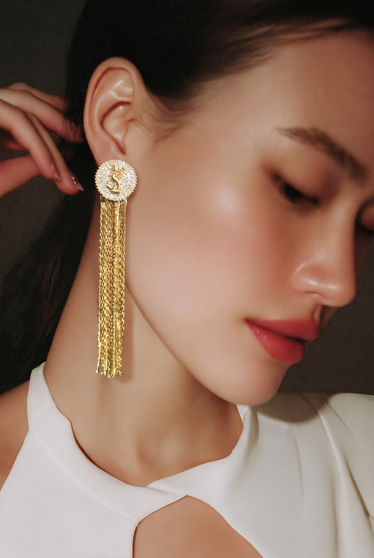 Golden Crystal Tassel Statement Earrings
