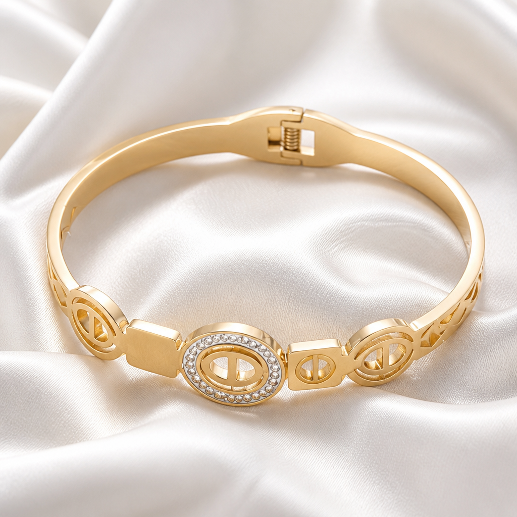 Elara Crystal Emblem Gold Bangle