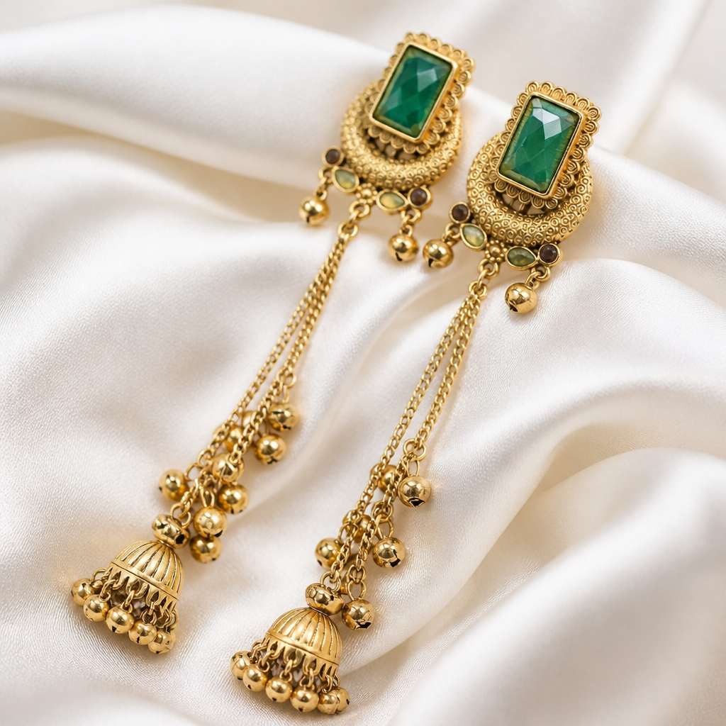 Emerald Rani Long Jhumka Earrings