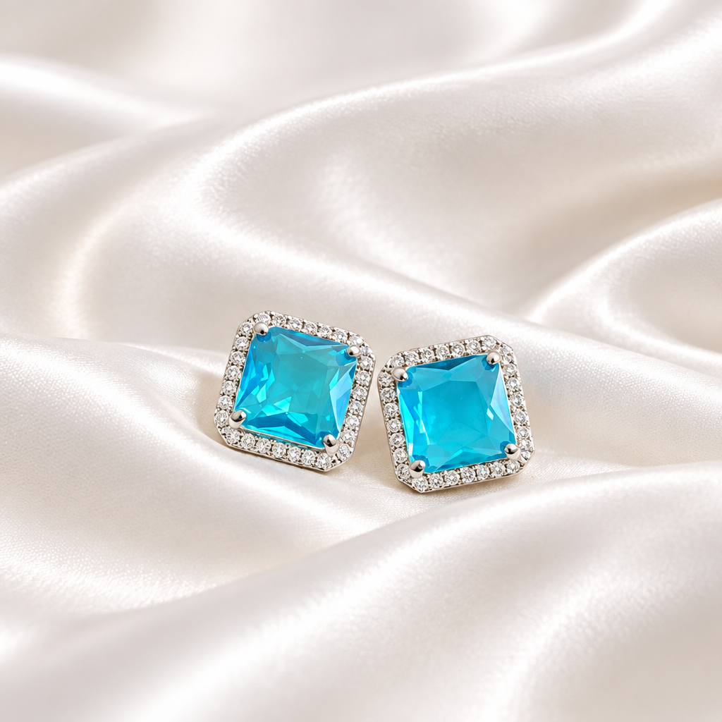 Aqua Blue Halo Stud Earrings