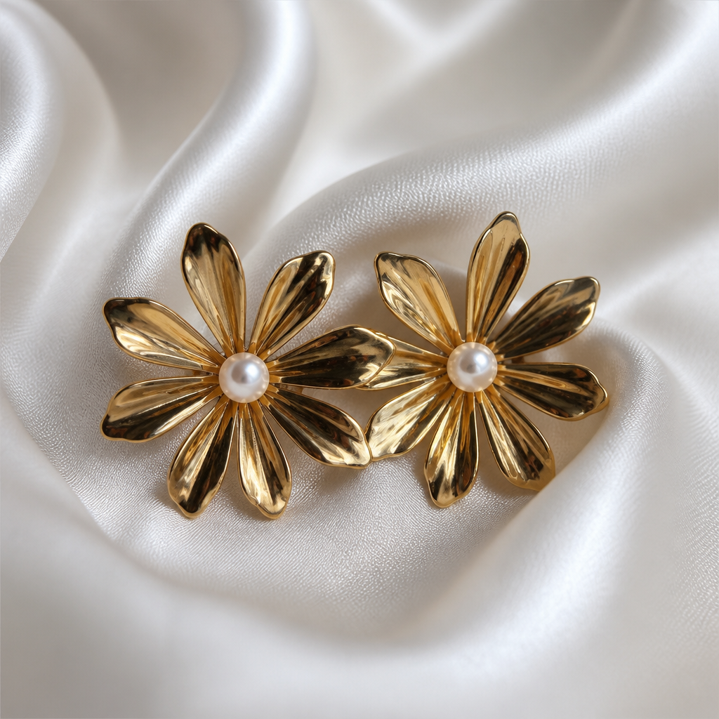Golden flower Pearl Statement Earrings