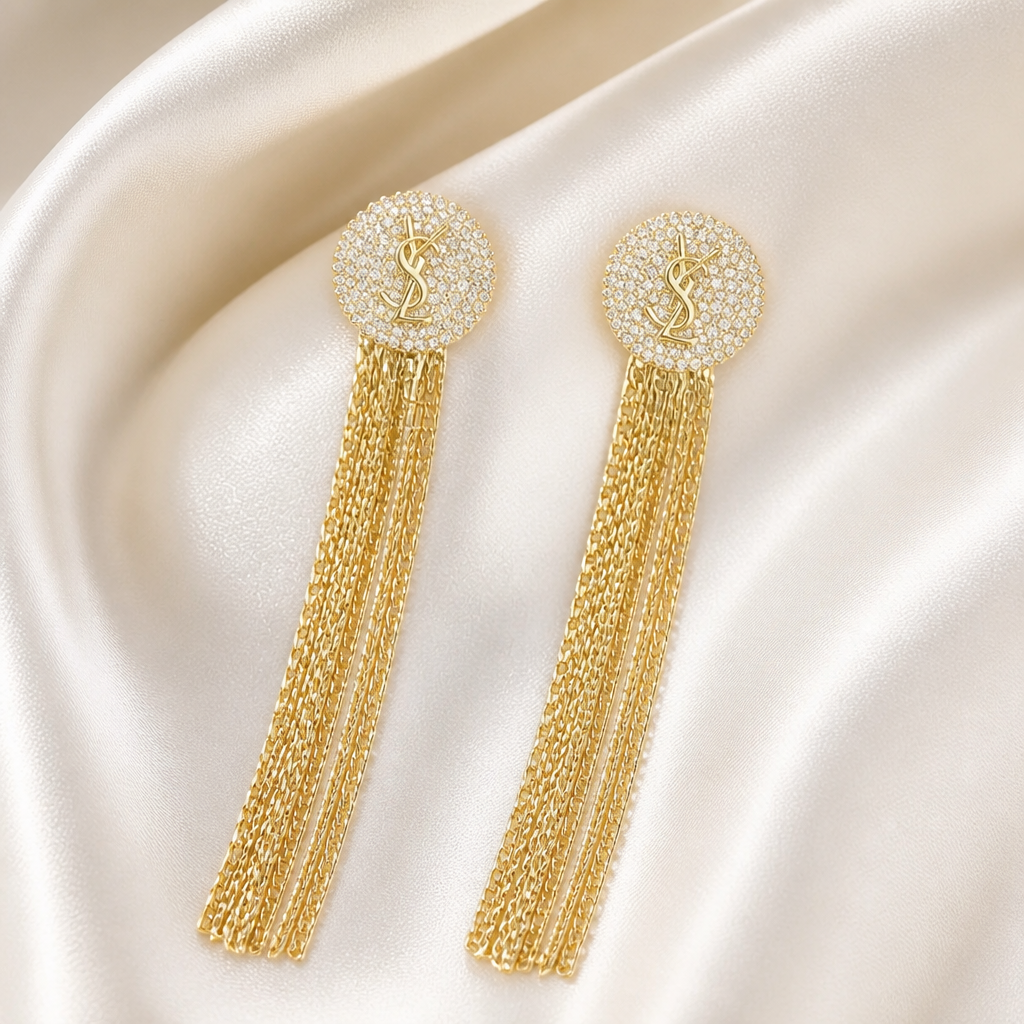 Golden Crystal Tassel Statement Earrings