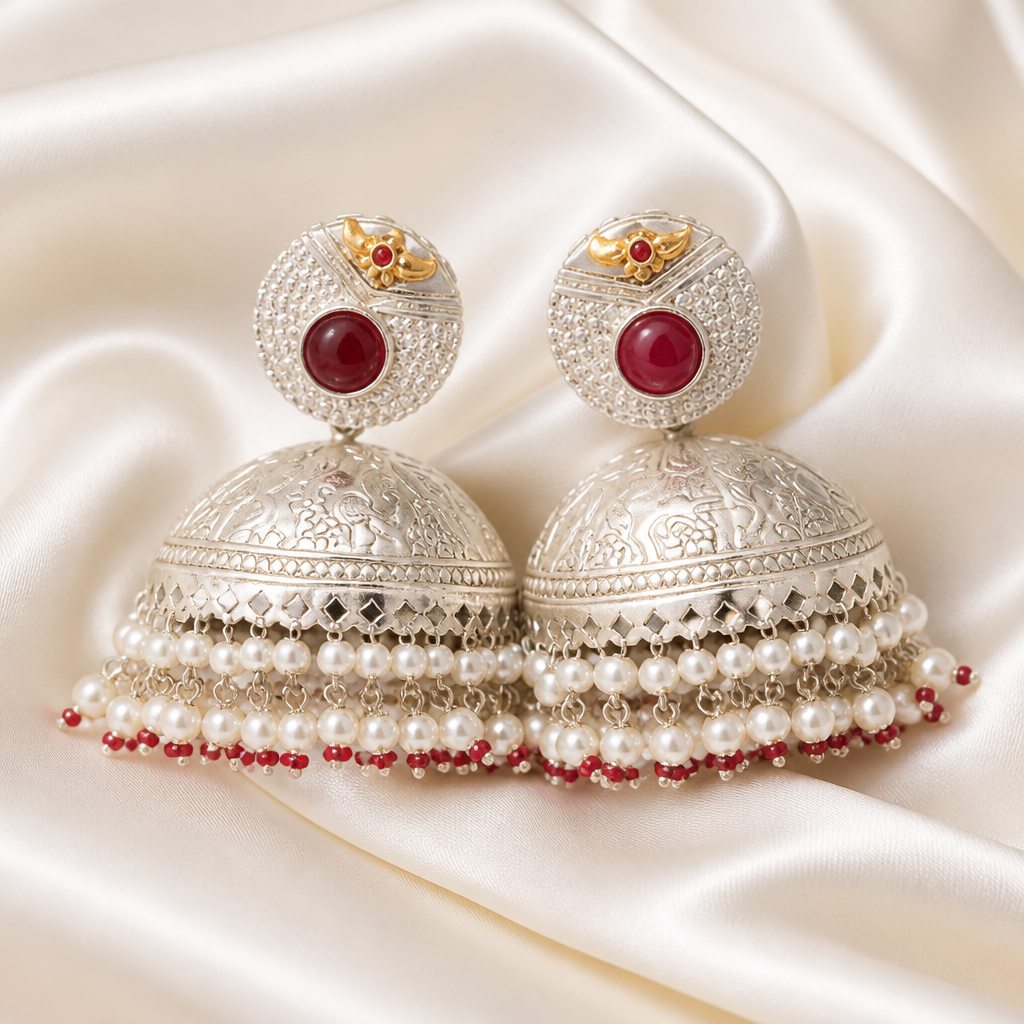 Rani Ruby Pearl Dome Jhumka Earrings