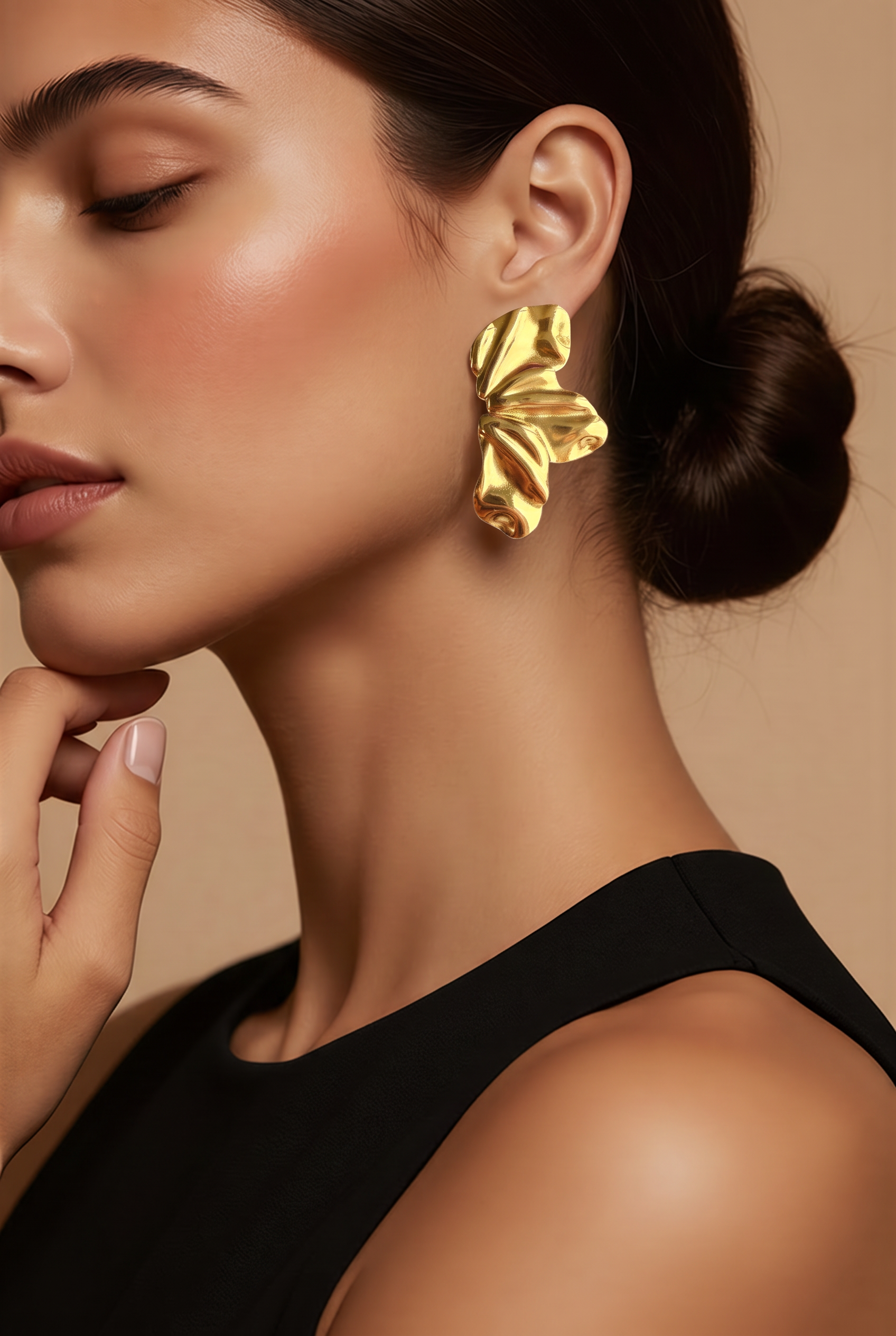 Golden Sculpted Wave Statement Earrings